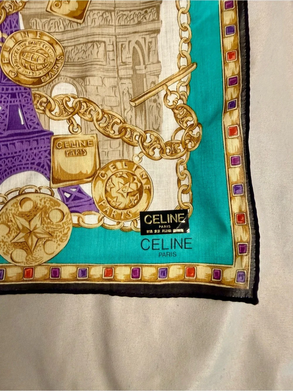 Vintage CELINE Paris Eiffel Tower Chain Print Scarf / Handkerchief